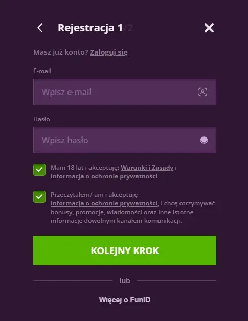 formularz rejestracyjny Malina Casino drugi krok