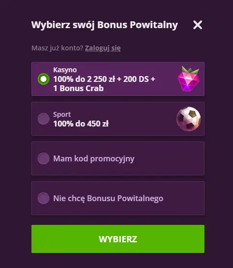 formularz rejestracyjny Malina Casino
